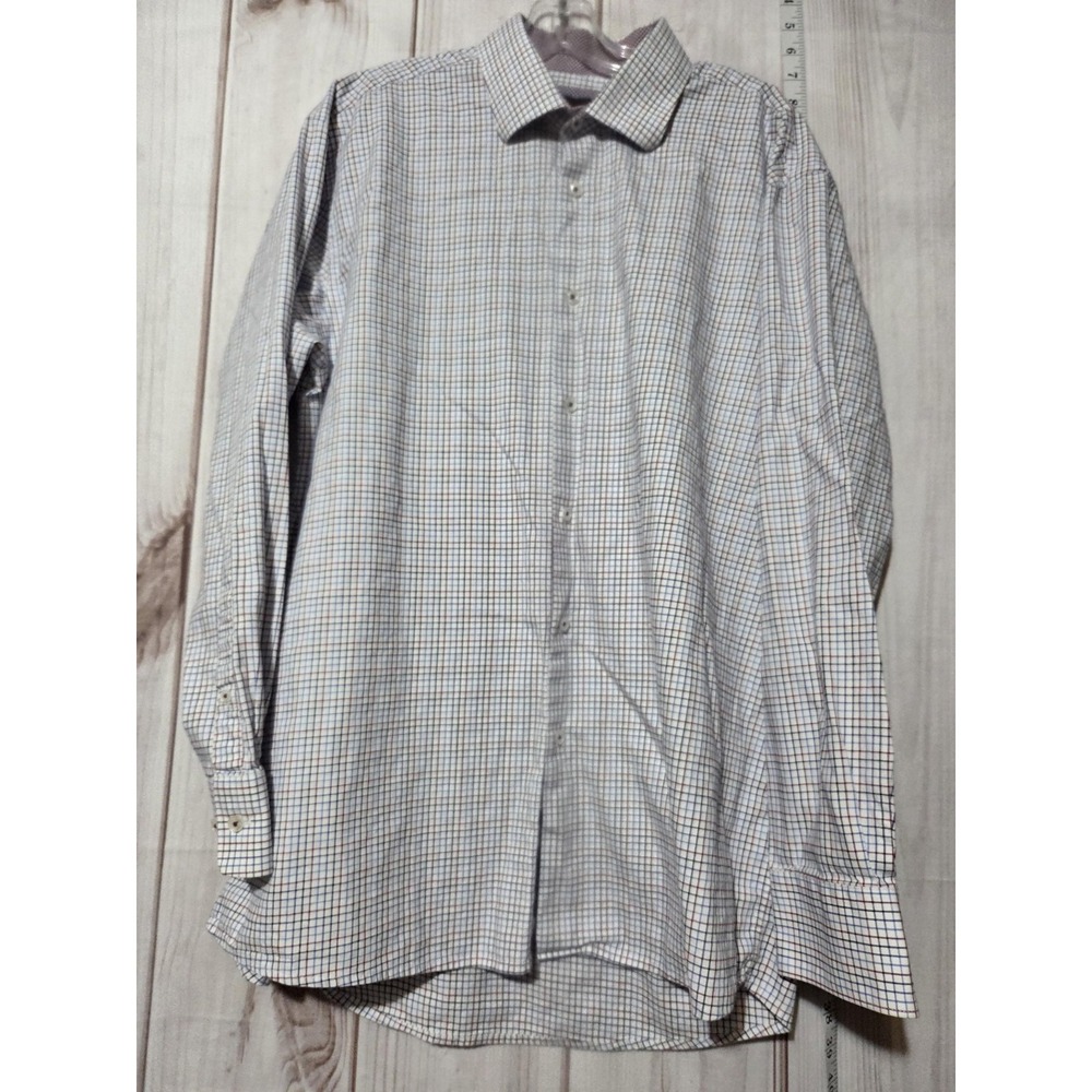 Tattersall‎ London Shirt Mens 17.5 34/35 White Blue Red Check Long Sleeve Dress